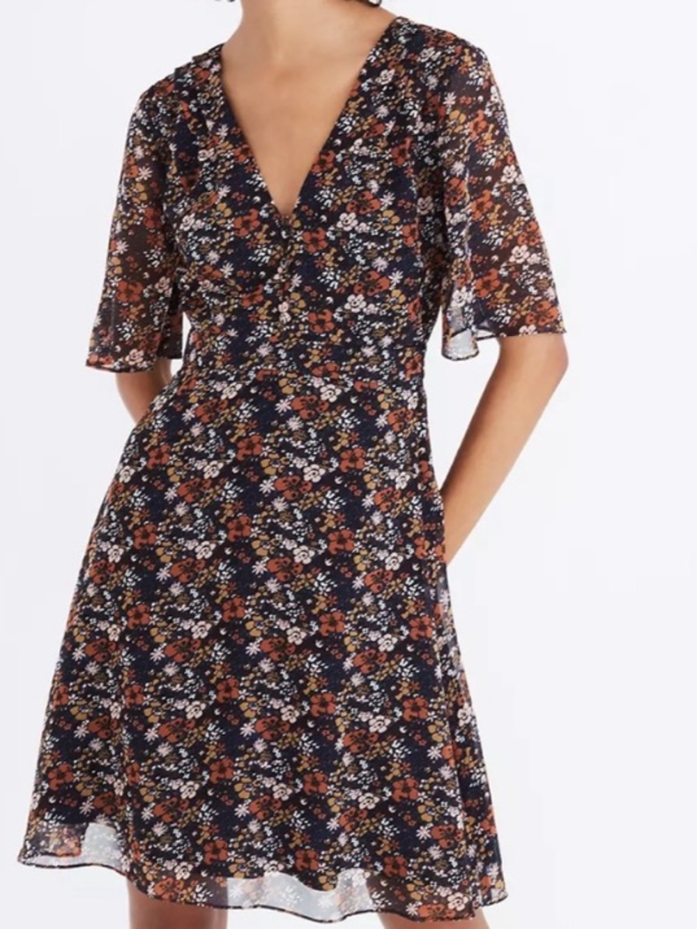 Madewell Orchard Flutter Sleeve Autumnal Floral Dress